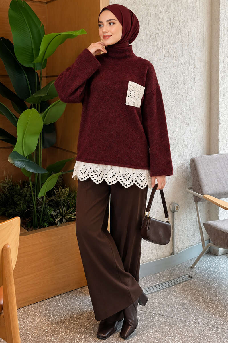 Knit Tunic with Lace Pockets - Burgundy