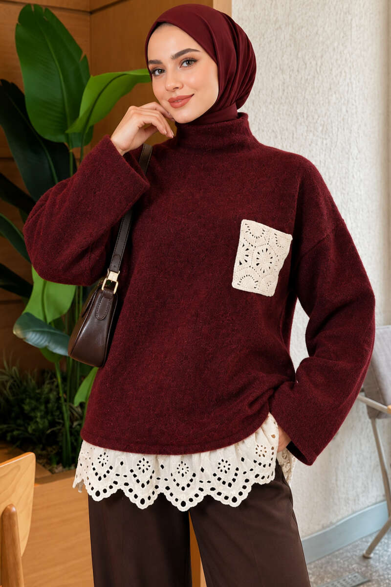 Knit Tunic with Lace Pockets - Burgundy