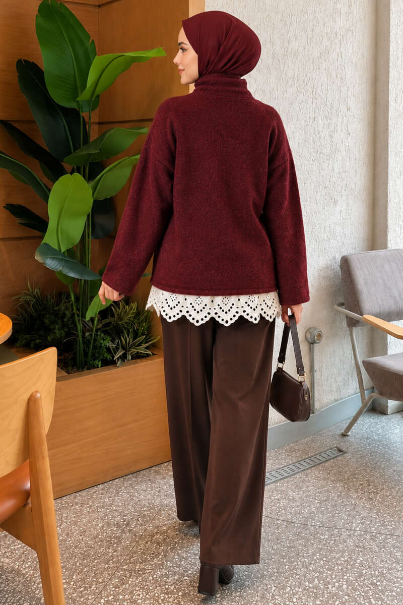 Knit Tunic with Lace Pockets - Burgundy