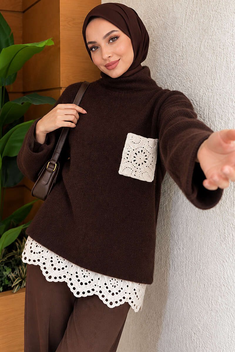 Knit Tunic with Lace Pockets - Brown