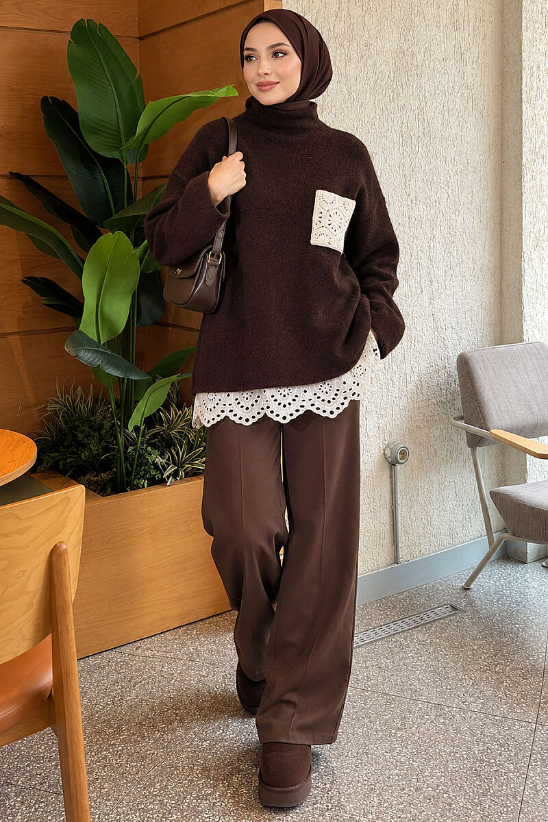 Knit Tunic with Lace Pockets - Brown
