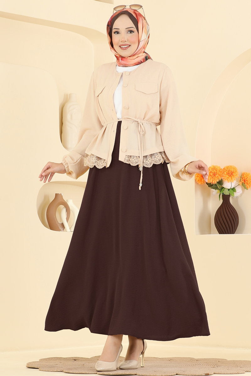 Lace-Detail Aerobin Two-Piece Set - Beige-Brown