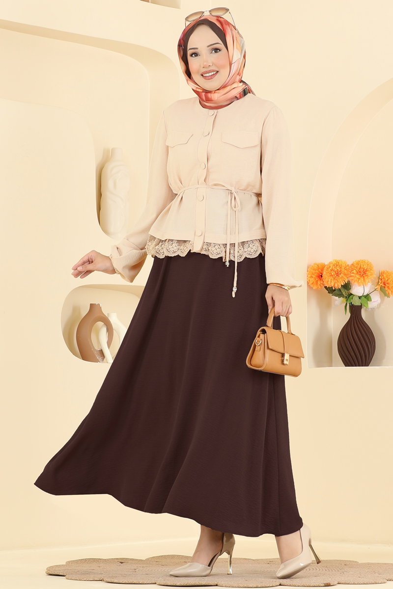 Lace-Detail Aerobin Two-Piece Set - Beige-Brown