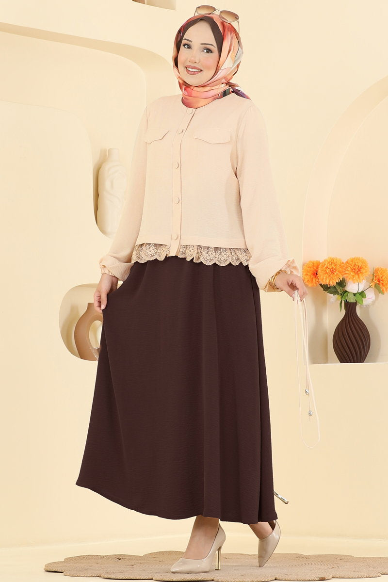 Lace-Detail Aerobin Two-Piece Set - Beige-Brown