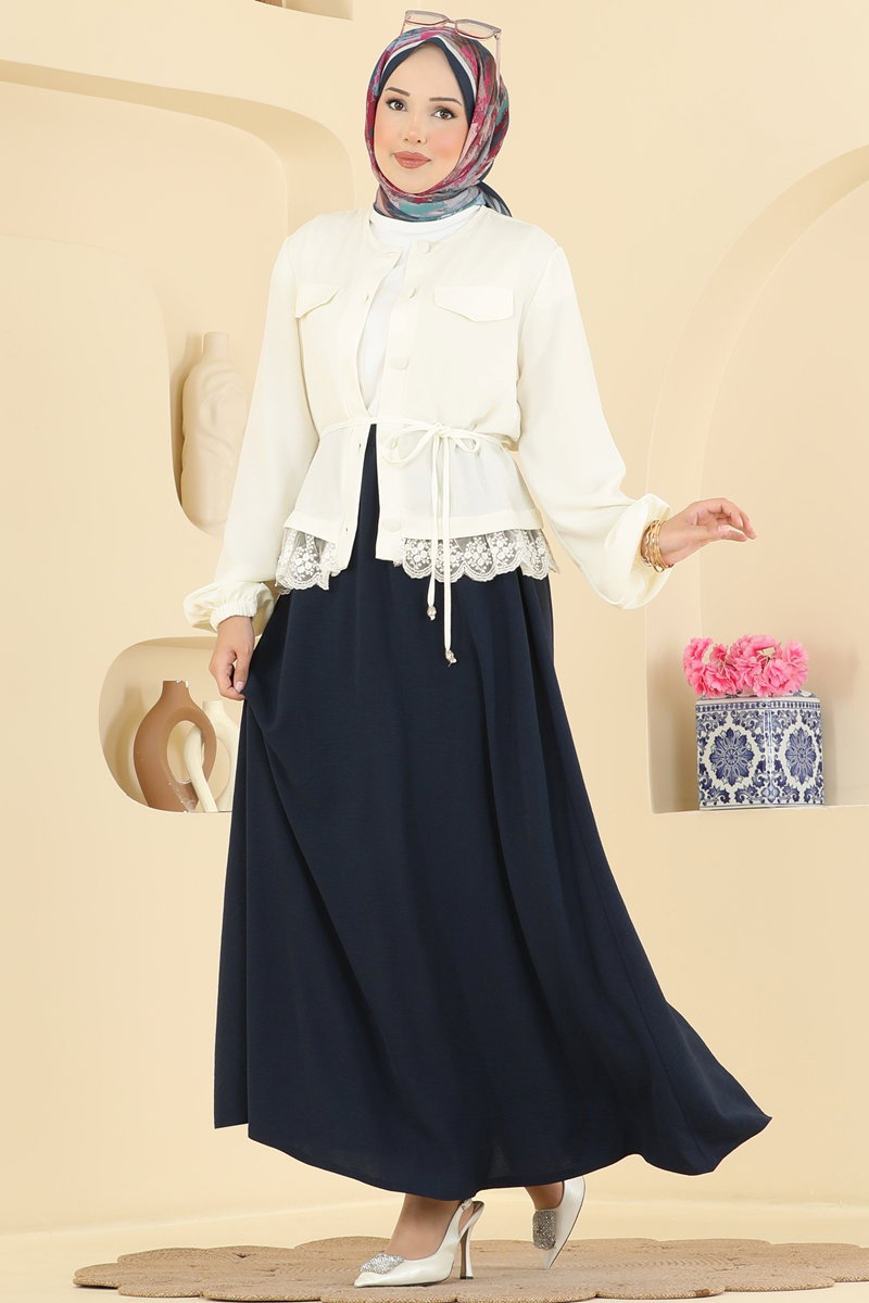 Lace-Detail Aerobin Two-Piece Set - Ecru-Navy