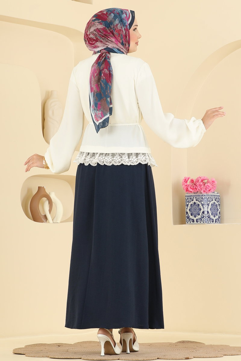 Lace-Detail Aerobin Two-Piece Set - Ecru-Navy