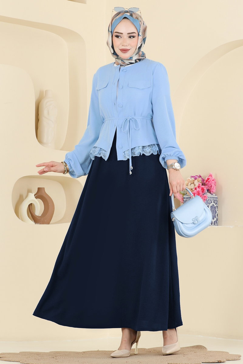 Lace-Detail Aerobin Two-Piece Set - Navy-Blue
