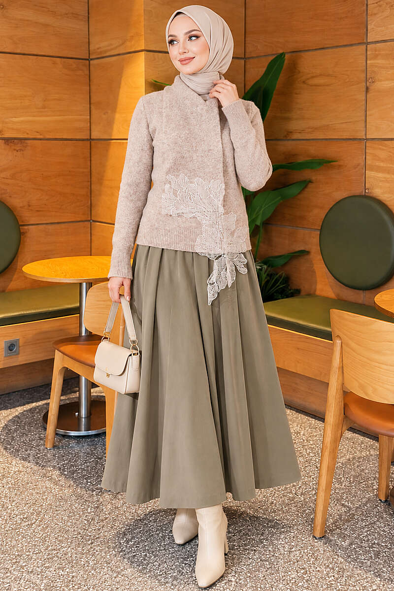 Knit Sweater with Scarf and Lace Detail - Beige