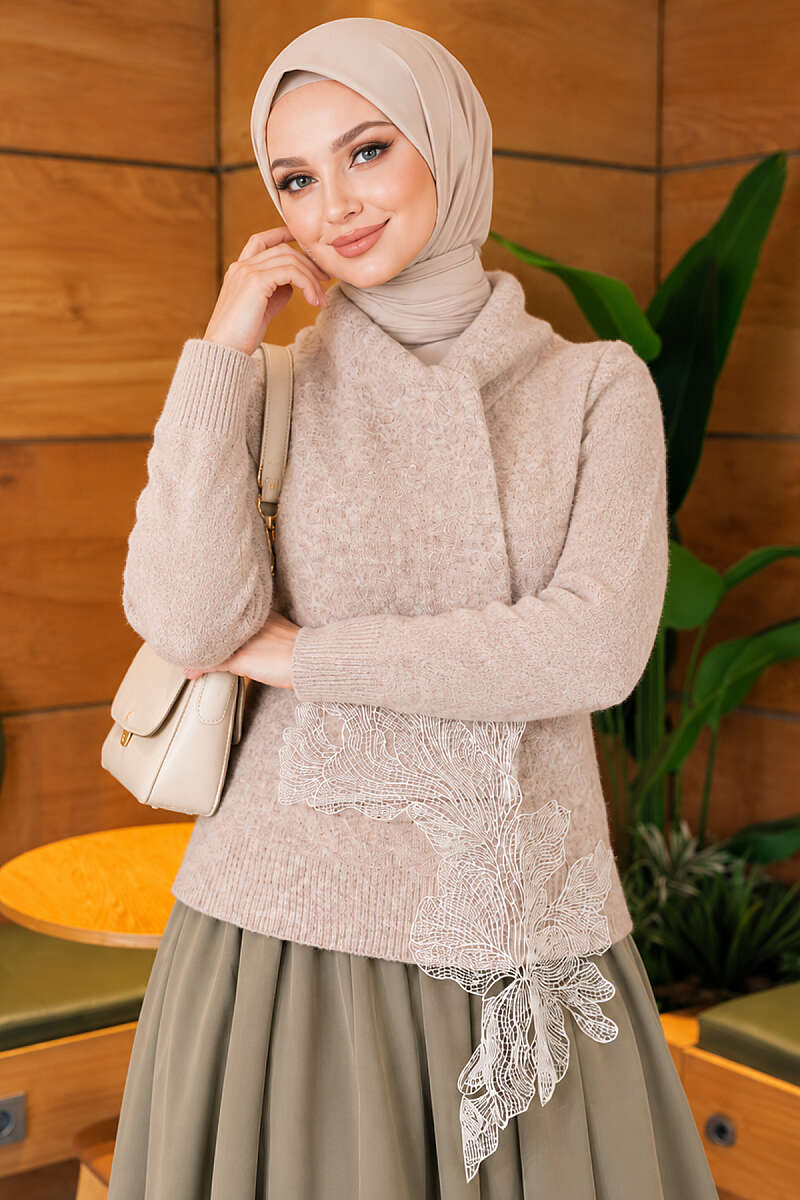 Knit Sweater with Scarf and Lace Detail - Beige