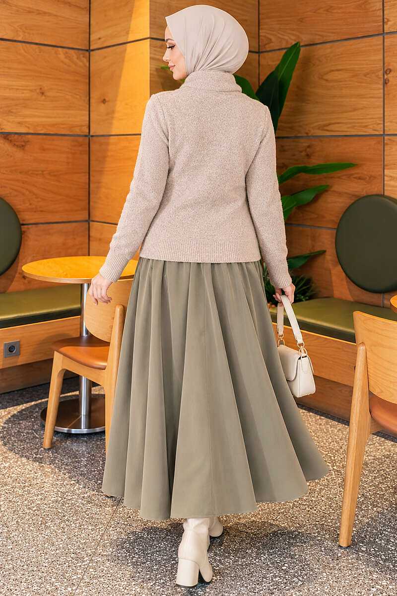 Knit Sweater with Scarf and Lace Detail - Beige