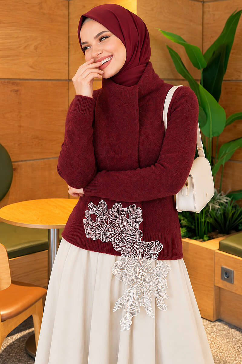 Knit Sweater with Scarf and Lace Detail - Burgundy