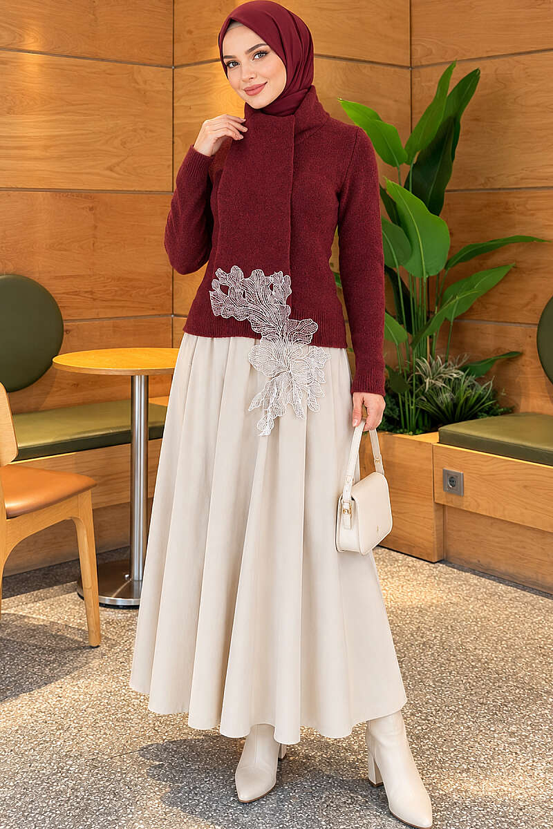 Knit Sweater with Scarf and Lace Detail - Burgundy