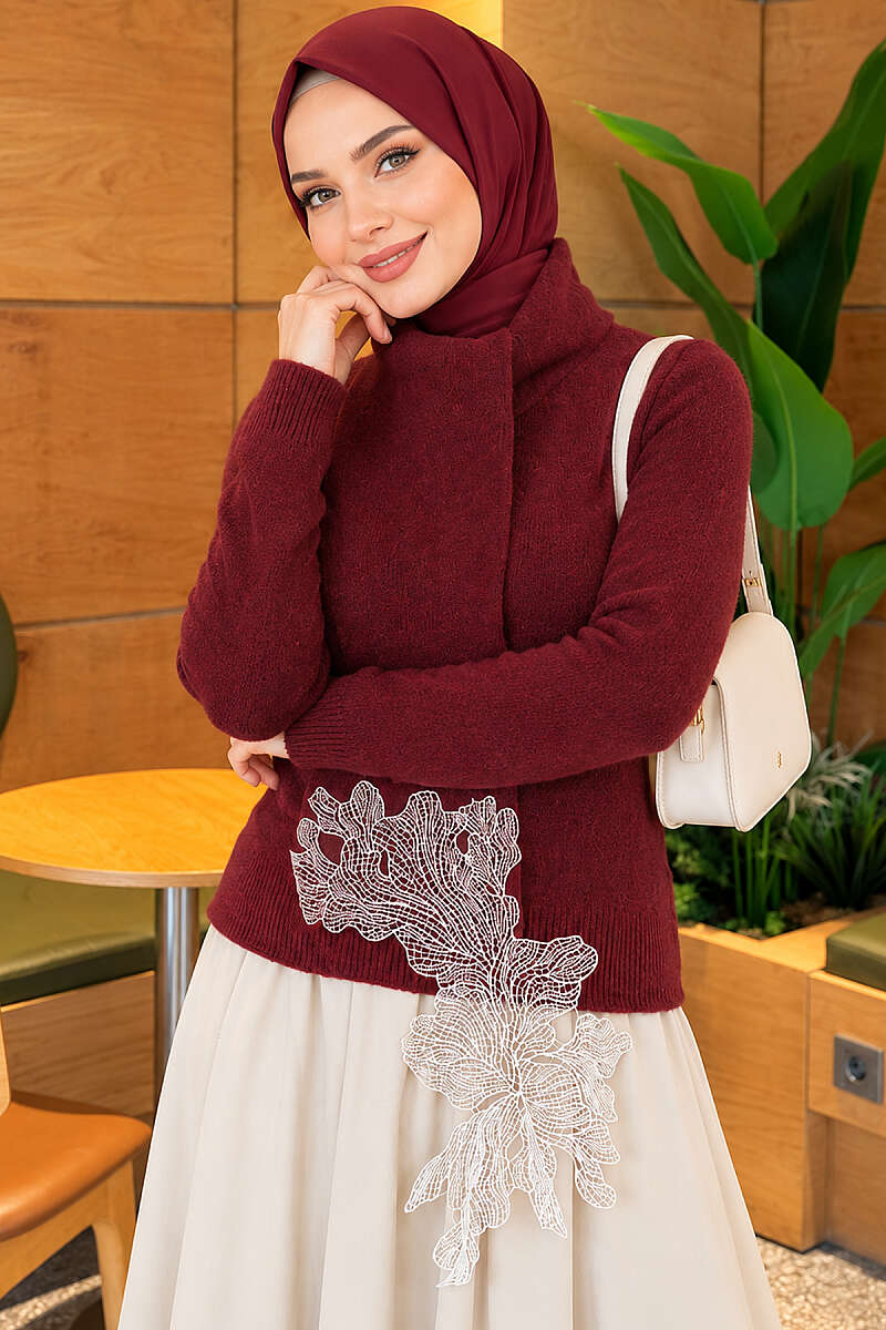 Knit Sweater with Scarf and Lace Detail - Burgundy