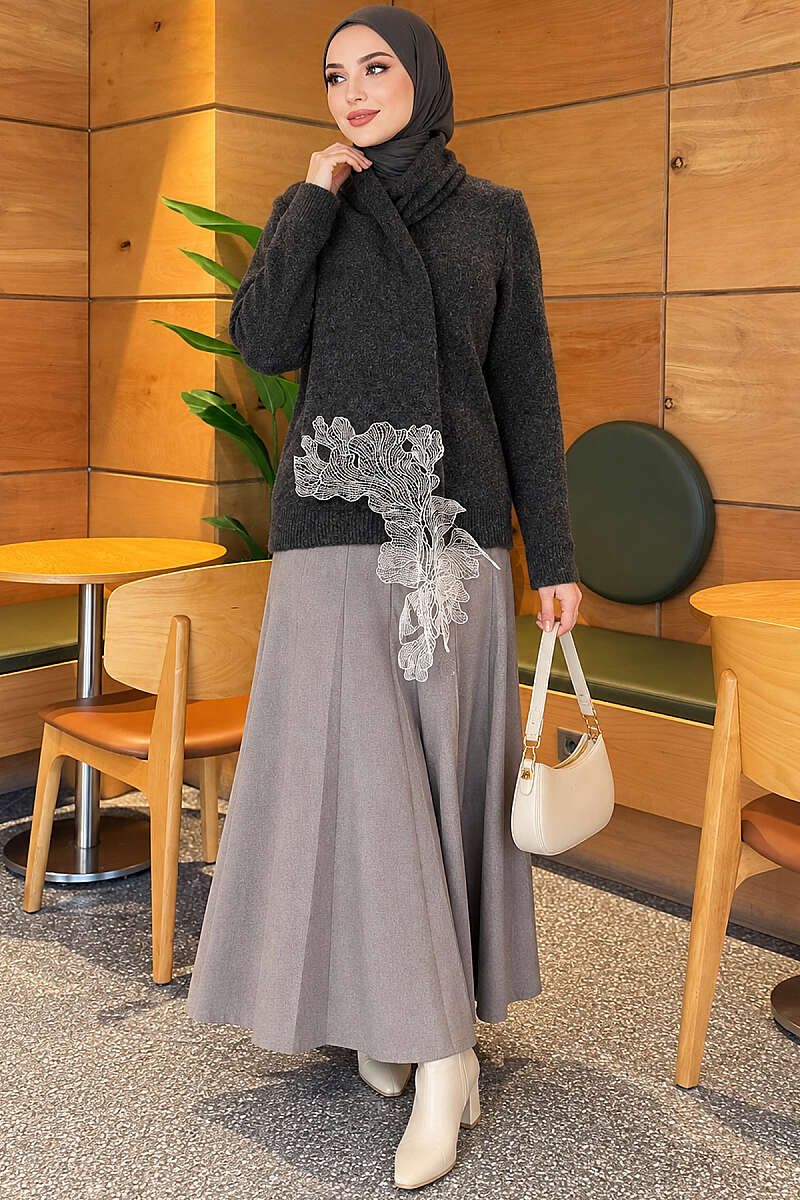 Knit Sweater with Scarf and Lace Detail - Smoke Grey