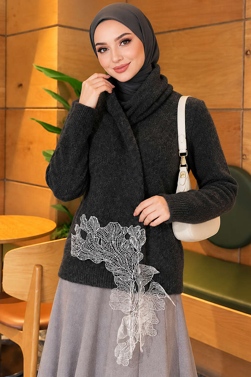 Knit Sweater with Scarf and Lace Detail - Smoke Grey