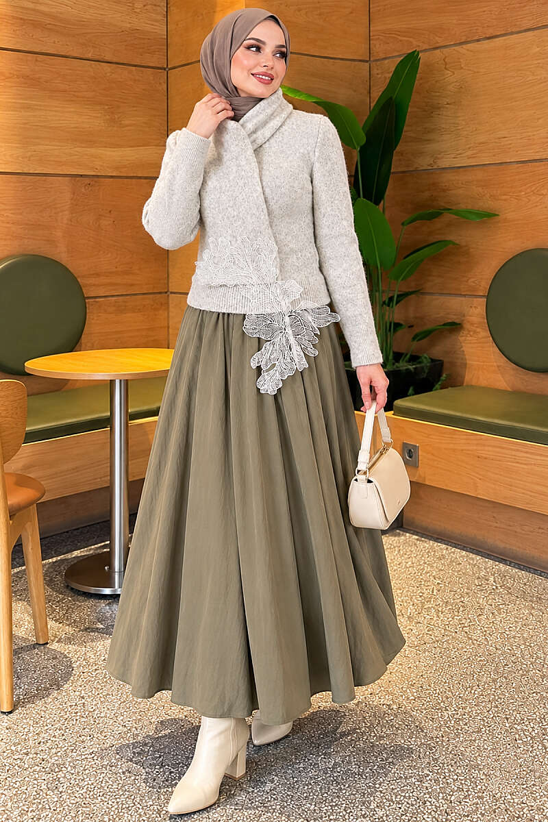Knit Sweater with Scarf and Lace Detail - Grey