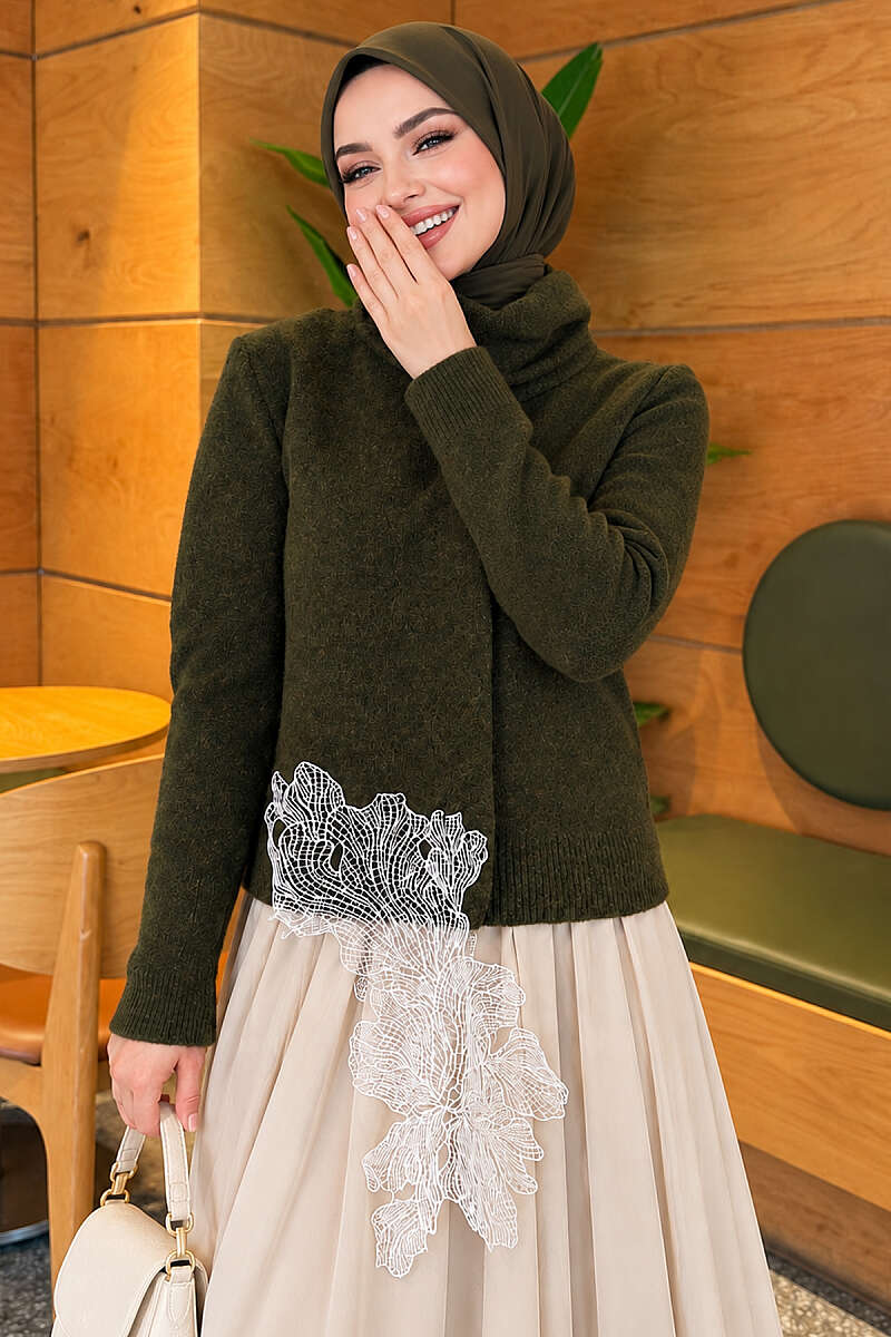 Knit Sweater with Scarf and Lace Detail - Khaki