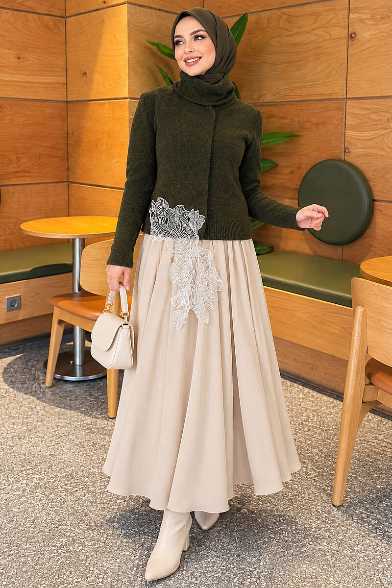 Knit Sweater with Scarf and Lace Detail - Khaki
