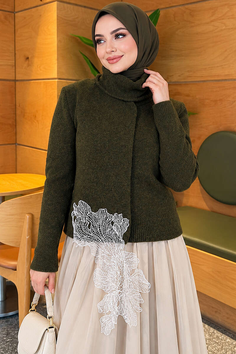 Knit Sweater with Scarf and Lace Detail - Khaki