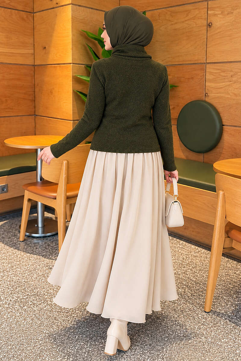 Knit Sweater with Scarf and Lace Detail - Khaki