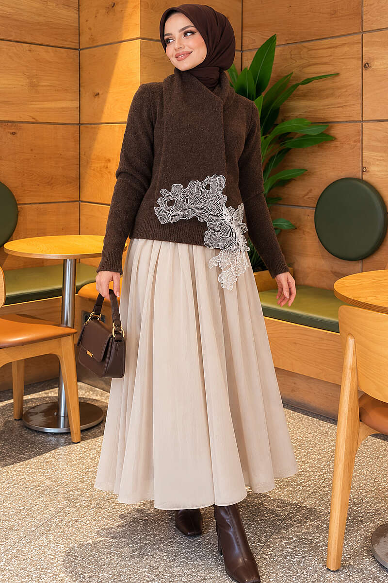 Knit Sweater with Scarf and Lace Detail - Brown