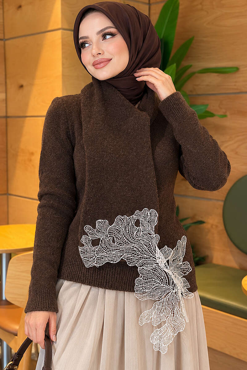 Knit Sweater with Scarf and Lace Detail - Brown