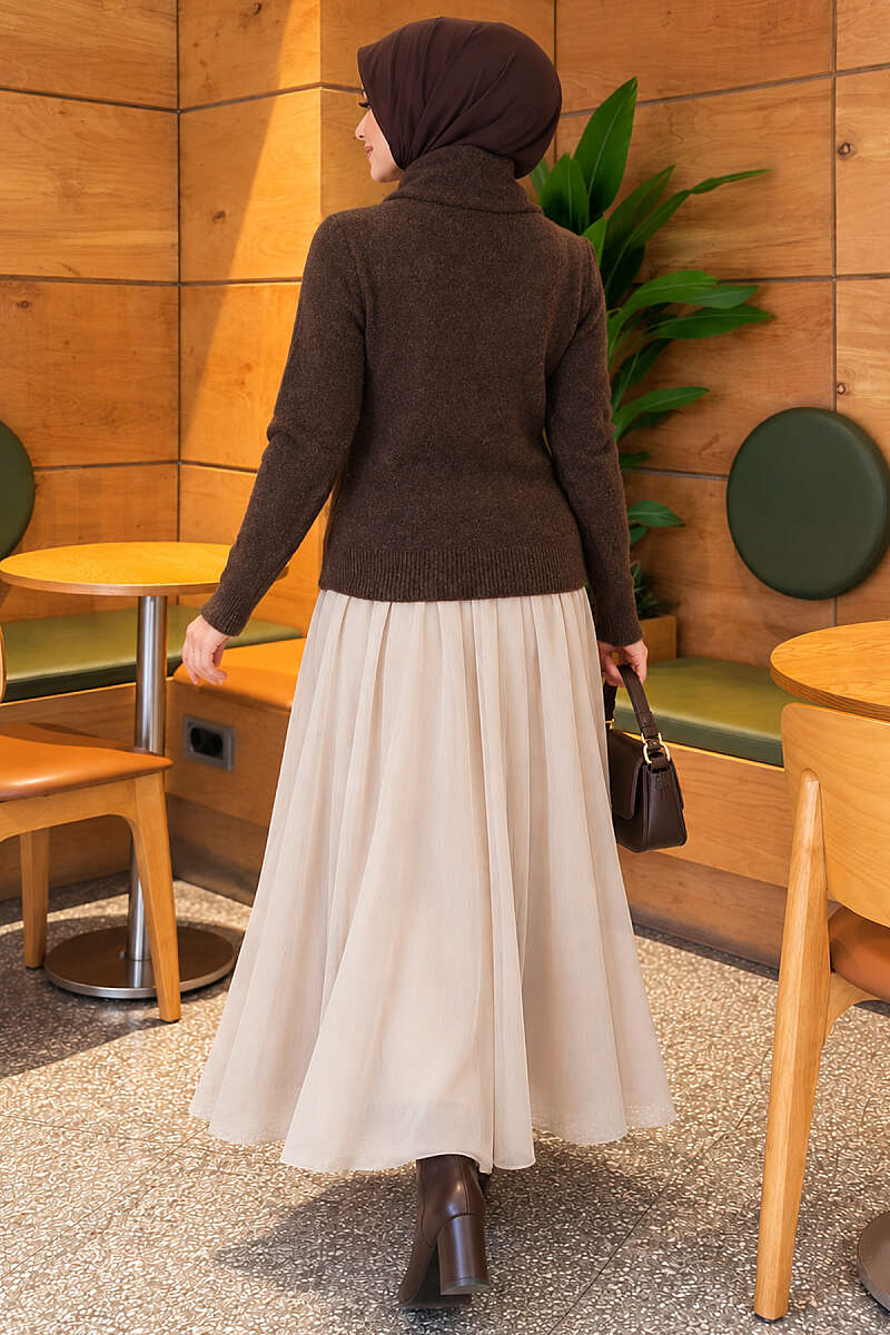 Knit Sweater with Scarf and Lace Detail - Brown