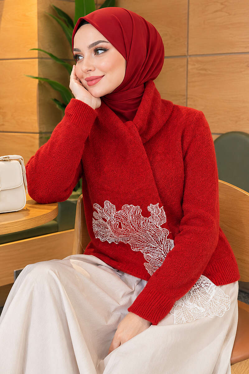 Knit Sweater with Scarf and Lace Detail - Red