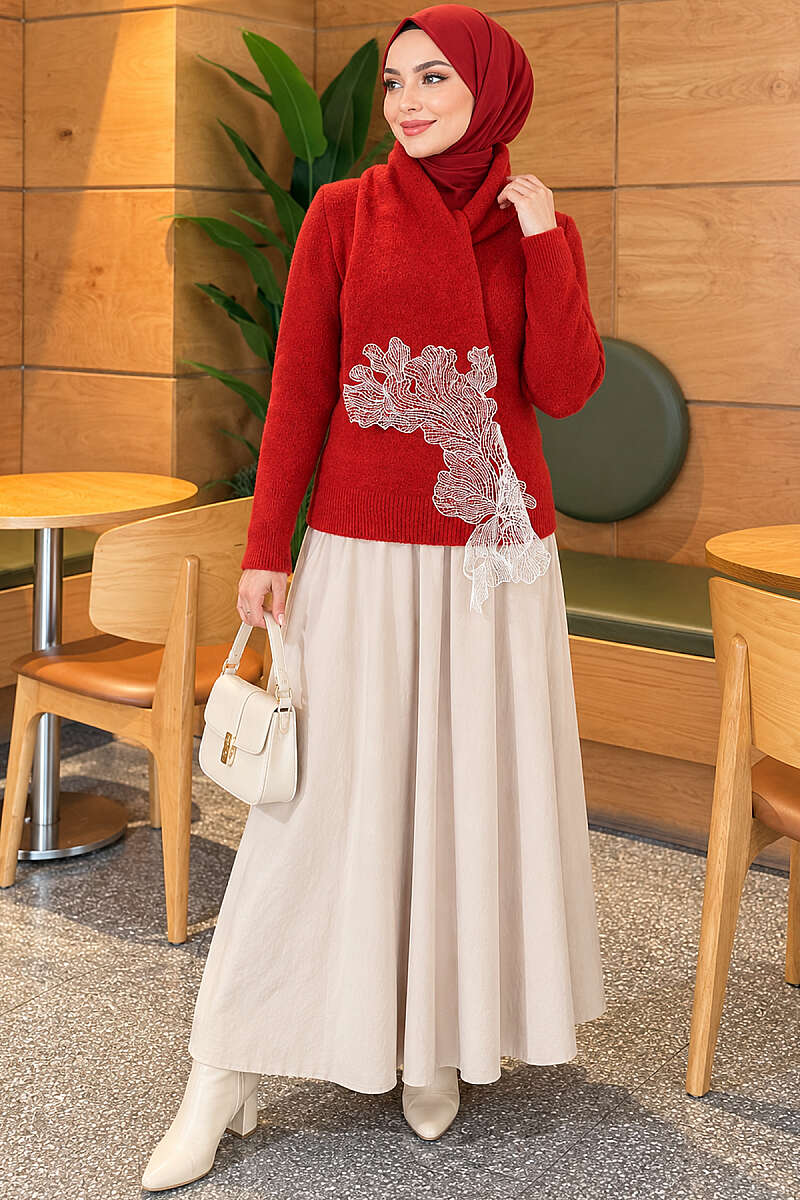 Knit Sweater with Scarf and Lace Detail - Red