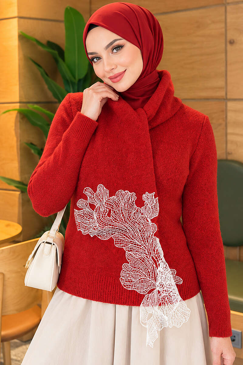 Knit Sweater with Scarf and Lace Detail - Red