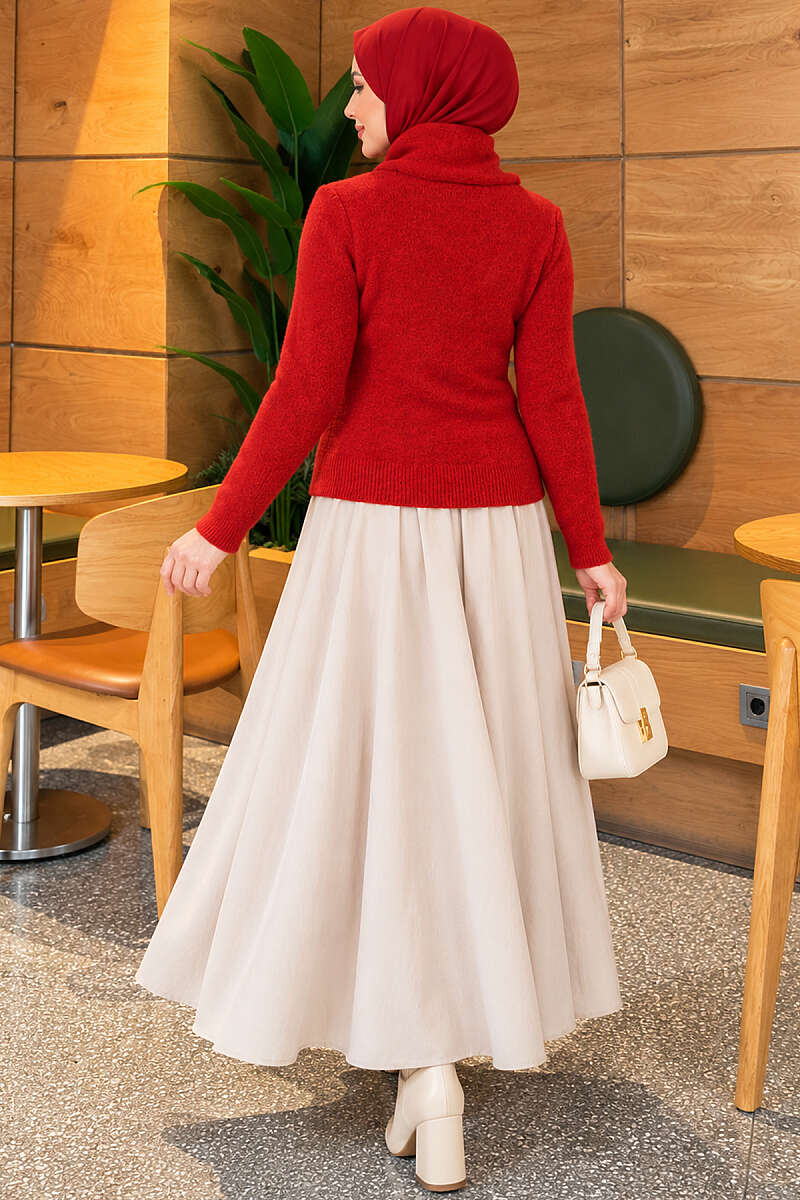 Knit Sweater with Scarf and Lace Detail - Red