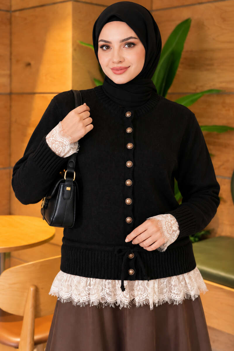 Lace-Detail Knit Cardigan with Ties - Black