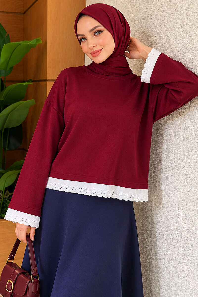 Basic Tunic with Lace Detail - Burgundy