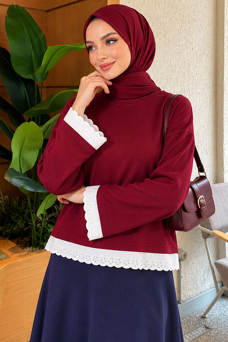 Basic Tunic with Lace Detail - Burgundy