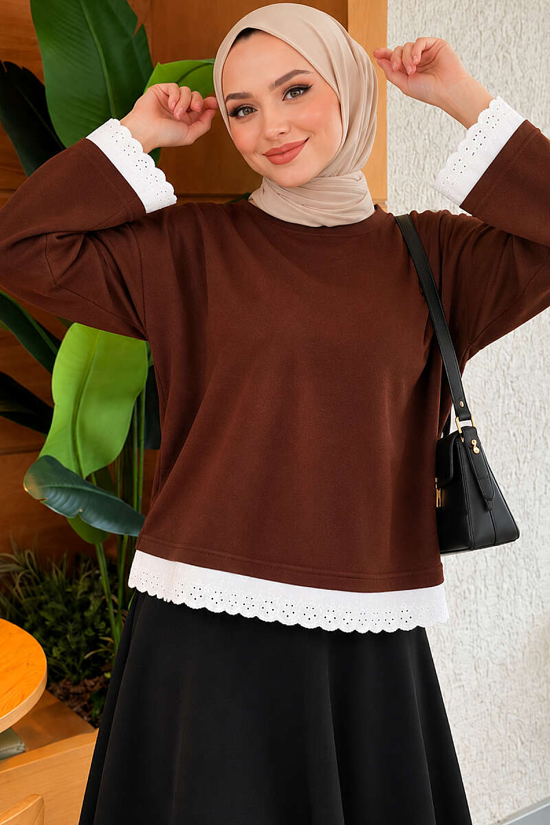 Basic Tunic with Lace Detail - Brown