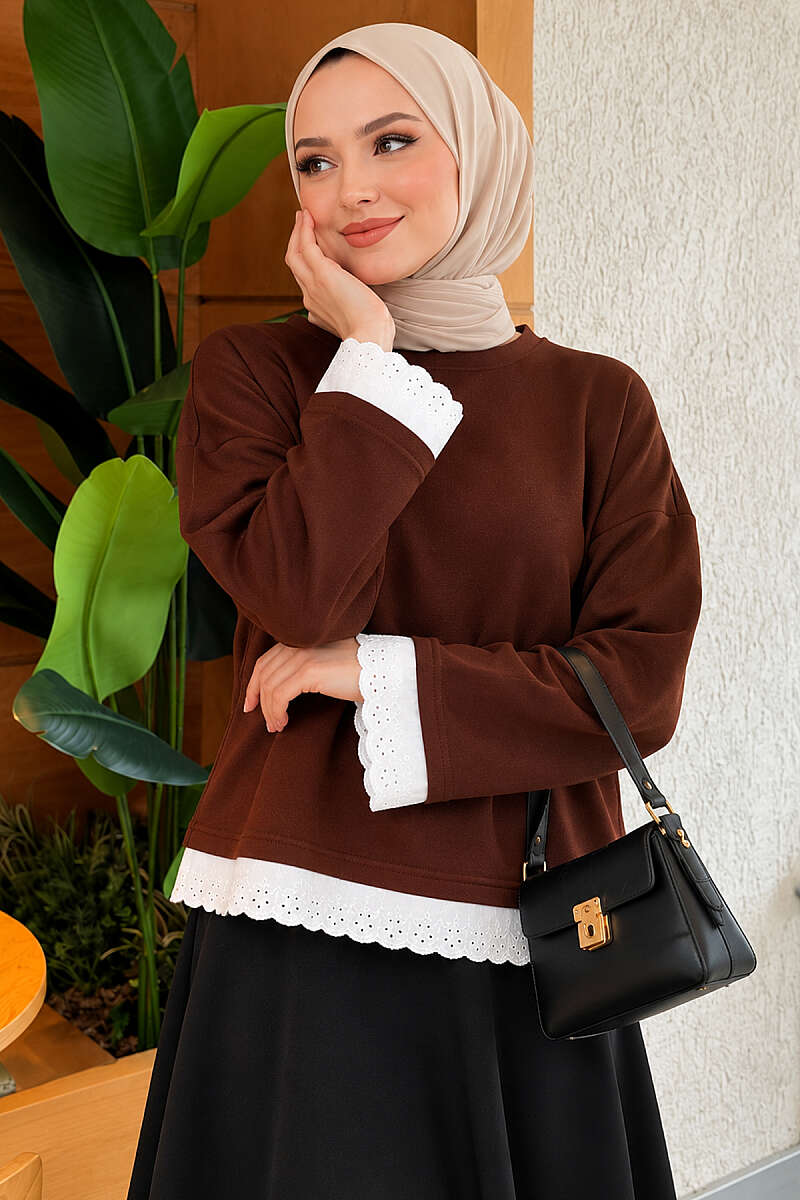 Basic Tunic with Lace Detail - Brown