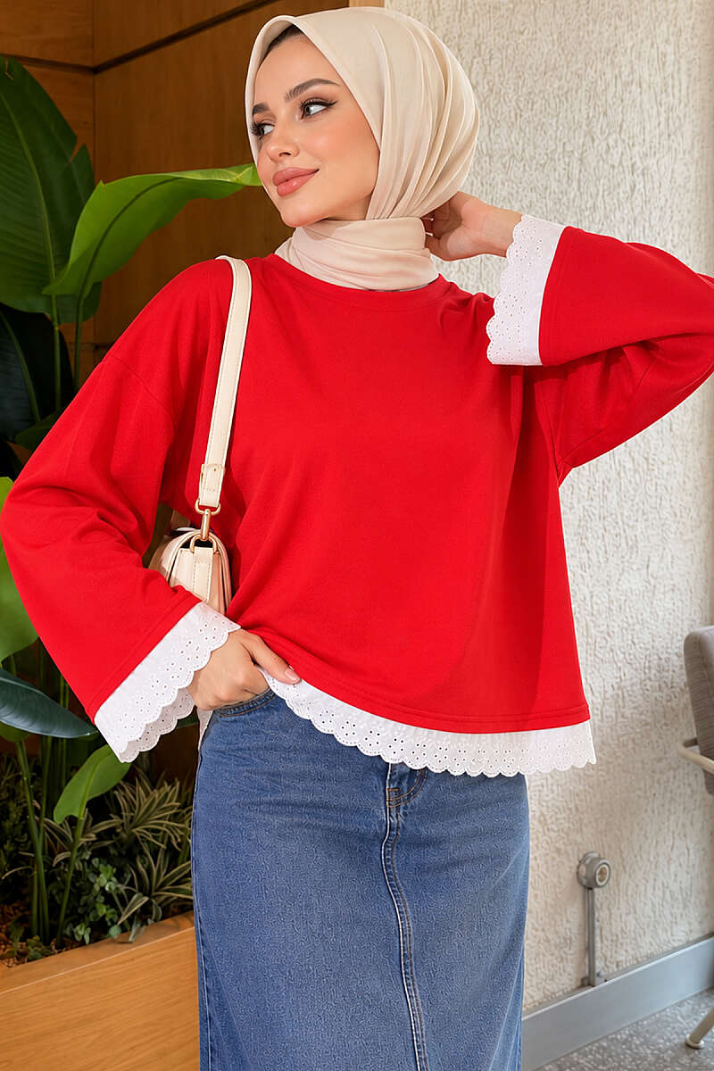 Basic Tunic with Lace Detail - Red