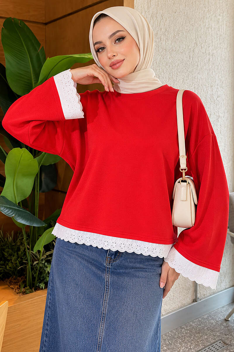 Basic Tunic with Lace Detail - Red