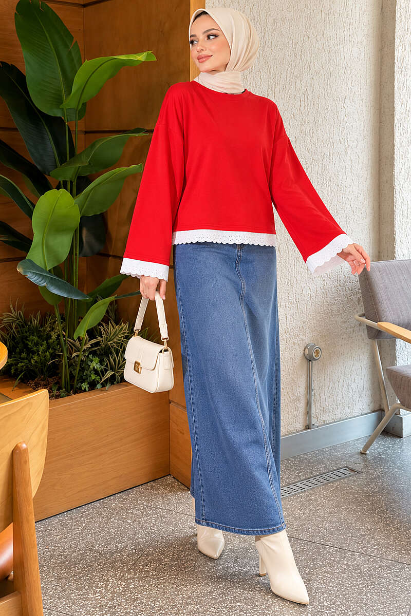 Basic Tunic with Lace Detail - Red