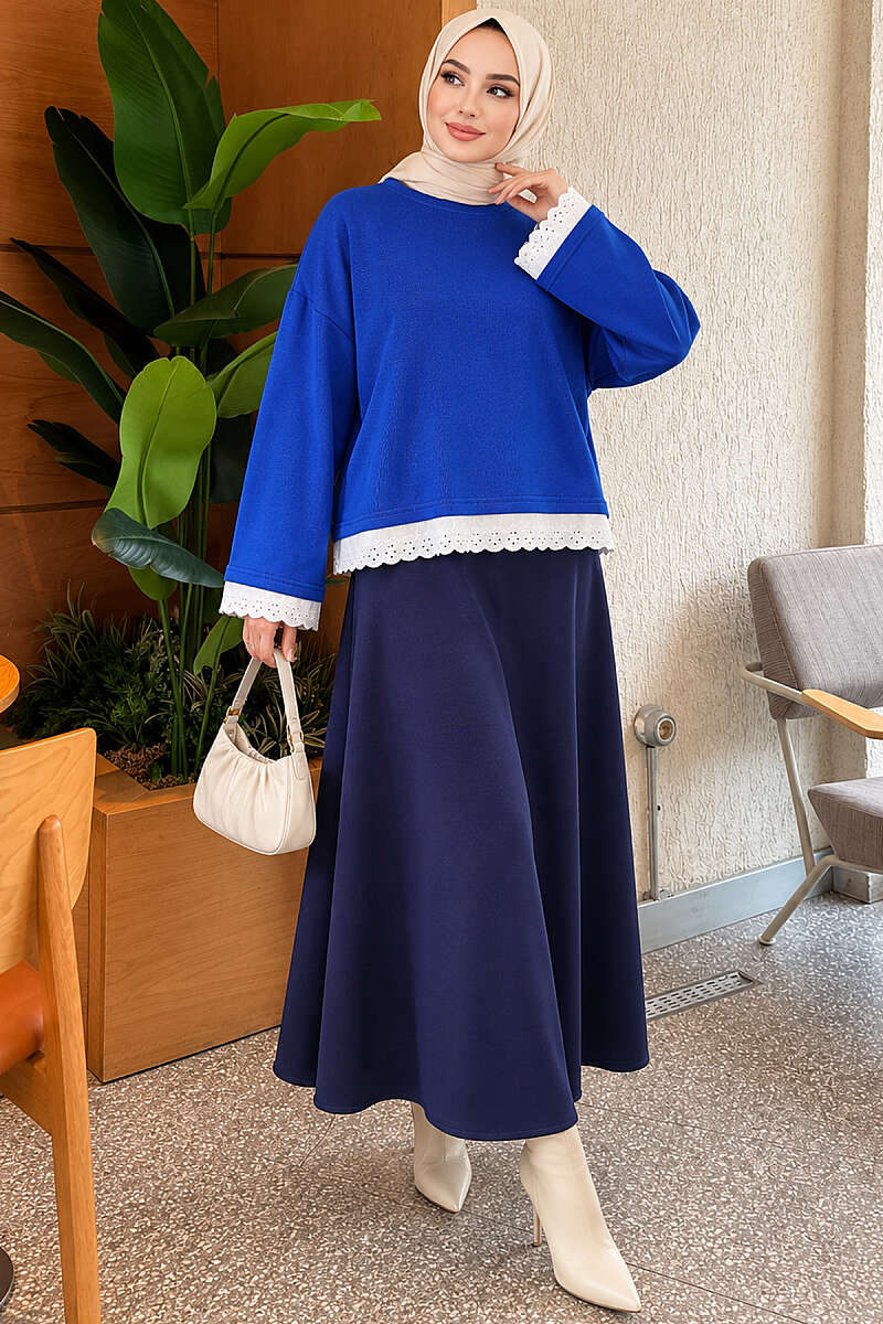 Basic Tunic with Lace Detail - Saxe Blue