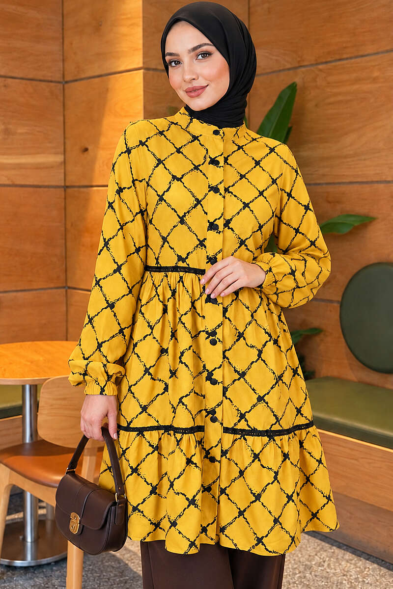 Lace-Detail Tunic with Elastic Cuffs - Yellow