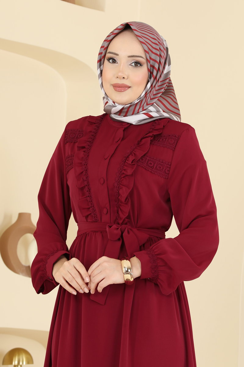 Lace-Detail Silky Dress - Burgundy