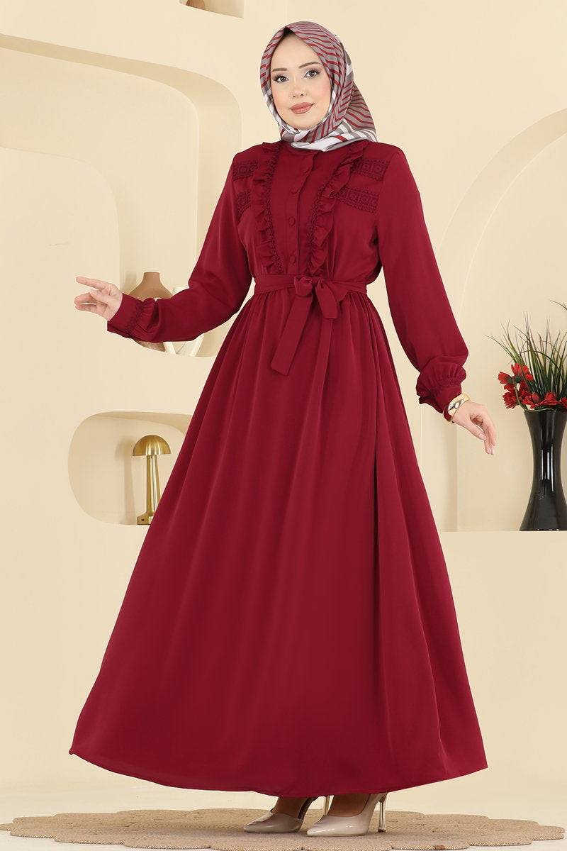 Lace-Detail Silky Dress - Burgundy