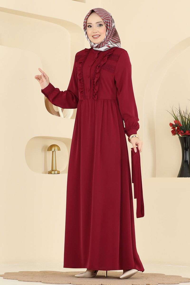 Lace-Detail Silky Dress - Burgundy