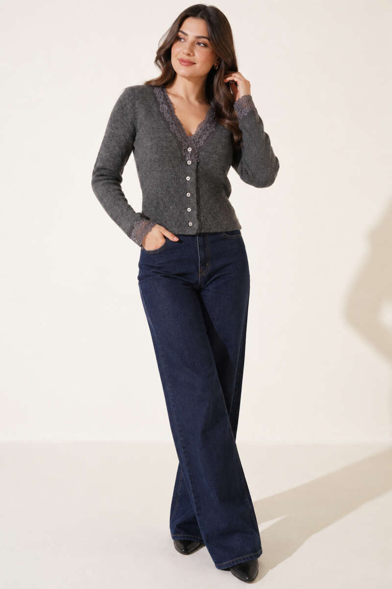 Lace-Detail Button Knit Cardigan - Grey
