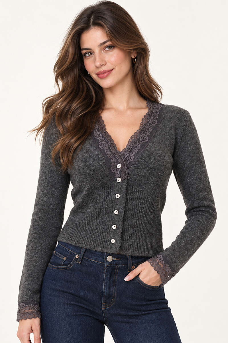 Lace-Detail Button Knit Cardigan - Grey