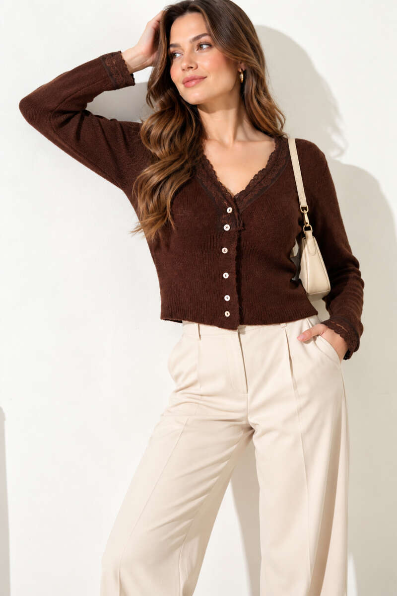 Lace-Detail Button Knit Cardigan - Brown