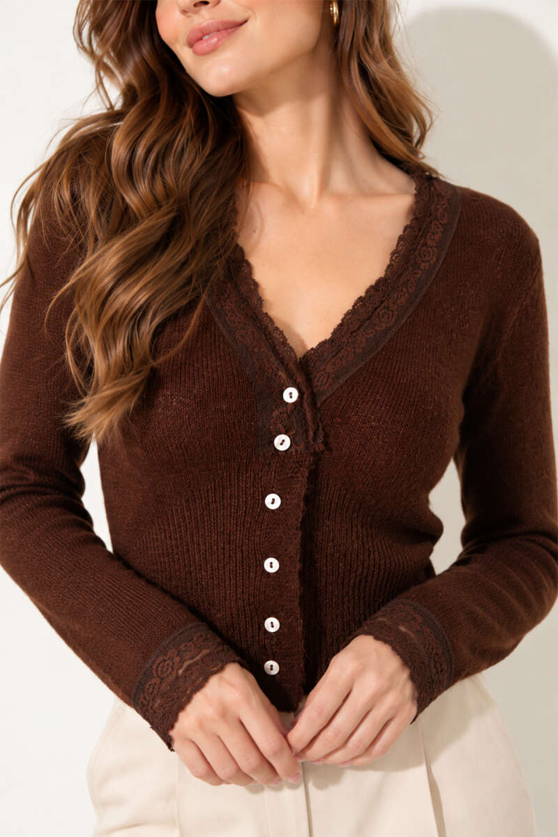 Lace-Detail Button Knit Cardigan - Brown