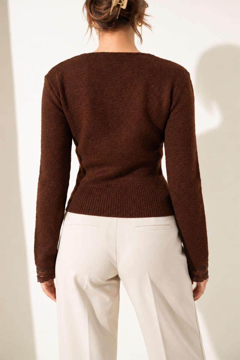 Lace-Detail Button Knit Cardigan - Brown