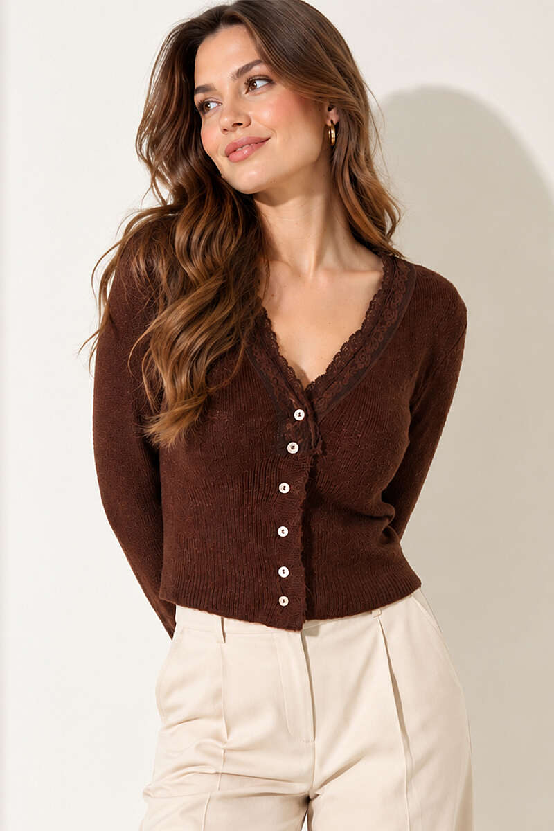 Lace-Detail Button Knit Cardigan - Brown